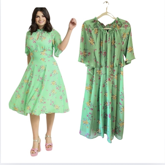 Hell Bunny Dresses & Skirts - Hell Bunny Adelina Dress Midi Length Green Floral Semi Transparent Plus Size 3X*